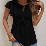 Nadorine Eyelet Tie-Neck Flutter-Sleeve Top Solid Color Casual Blouse for Women Casual Work Office Loose Fit 2026 | Under $40