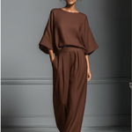 Women's Brown Cotton And Linen Blend Oversized Short-Sleeve Blouse & Wide-Leg Pants Set