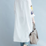 White Asymmetric Printed Split-Side Long Sleeves Shirt Dress