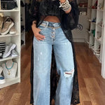 Fashion Denim Button Pocket Ripped Raw Edge Loose Jeans