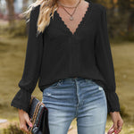 Zeagoo Zeagoo Women's Crochet Lace Basic V-Neck Shirts Elegant Long Sleeve Tunic Blouse Tops