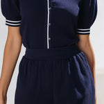 Navy Ribbed Polo Two-Piece Set ��� Preppy Retro Style For Effortless Casual Chic