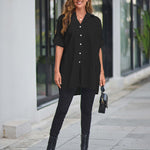 Nadorine Long Cuffed Sleeve Shirts Button Down V Neck Blouse Loose Fitting Tops