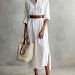 Women's Elegant White Woven Loose-fitting Long-sleeved Midi Dress