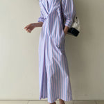 Long Sleeves Loose Buttoned Contrast Color Pockets Striped Lapel Midi Dresses Shirt Dress