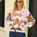 Nadorine Aztec Lapel Long Sleeve Retro Western Denim Jacket