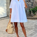 Half Sleeves Loose Solid Color Lapel Mini Dresses