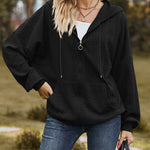 V-Neck Zipper Closure Solid Color Long Loose Hoodie Jacket