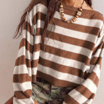 Striped Print Crew Neck Long Sleeve Loose Knitted Sweater