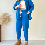 Simple Casual Two-Piece Set with Fleece Inside Lapel-Neck Shirt+Wide-leg Pants