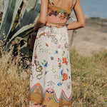 Summer Vibes Linen Blend Unique Print Smocked Belt Midi Dress