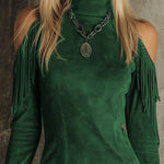 Semi-high Neck Off-the-shoulder Fringed Faux Suede Long-sleeved Mini Dress