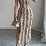Playful Colorful Knitted Sexy Tube Top and Elegant Back Slit Midi Skirt Set