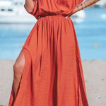 Surplice Neck Split Hem Ruched Maxi Dress
