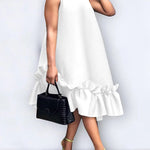 A-Line High Waisted Pleated Ruffle Trim Solid Color Round-Neck Midi Dresses