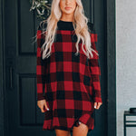 Plaid Splicing Long Sleeve Mini Dress