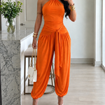 Women's Gold Decor Halter Tie Jumpsuit Sexy Backless Ruched Lantern Overalls Casual Vacation Jumpsuit