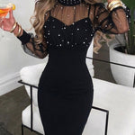 Mock Neck Sheer Mesh Spliced Beaded Bodycon Dress Zipper Back Slit Party Dress