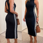 Women's Ribbed Knit Halter Midi Dress Backless Racerback Bodycon Dress Side Contrast Stripe Sleeveless Dress