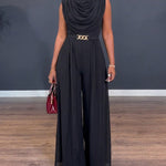 Women's Cowl Neck Wide Leg Jumpsuit High Waist Sleeveless Chiffon Overlay Spliced Evening Overalls with Belt