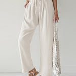 High Waist Trousers Solid Color Palazzo Pant Beach Casual Boho Drawstring Bottoms