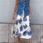 Vintage Blue and Gold Floral Satin Midi Skirt