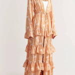 Soleil Conch Print Drawstring Waist Tiered Ruffles Cover-up Maxi Dress