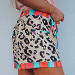 Drawstring Waist Stripes Splice Leopard Shorts