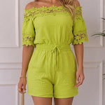 Women's Lace Off Shoulder Romper Shirred Waist Tied Detail Textured Short Jumpsuit with Pockets