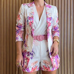 Women's Floral Blazer & Shorts Set Elegant Single-Breasted Coat and High-Waisted Shorts with Belt