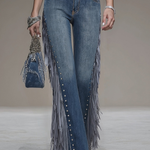 Western Blue Denim Side Tassel Rivet Flared Pants