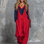 Retro Bohemian Style Color-blocked Cotton And Linen Top And Overalls Set
