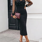 Mock Neck Sheer Mesh Spliced Beaded Bodycon Dress Zipper Back Slit Party Dress