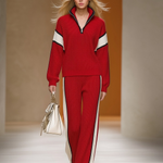 Retro Sports Style Contrast Color Knit Top And Pants Set
