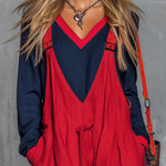 Retro Bohemian Style Color-blocked Cotton And Linen Top And Overalls Set