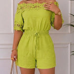Women's Lace Off Shoulder Romper Shirred Waist Tied Detail Textured Short Jumpsuit with Pockets