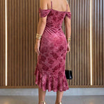 Women's Cold Shoulder Pearls Decor Strap Ruffle Midi Dress Cowl Neck Flocked Rose Slit Mermaid Bodycon Dress