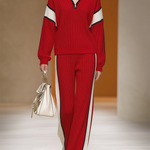 Retro Sports Style Contrast Color Knit Top And Pants Set