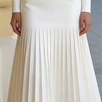High-Neck Belted Long-Sleeve Pleated Midi Dress