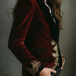 Elegant Black Collar Gold Luxury Embroidered Velvet Blazer
