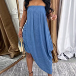 Women's Faux Denim Print Tube Dress Sexy Strapless Ruched Bodycon Dress Asymmetrical Layered Hem Vacation Sundress