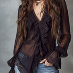 Retro Romantic Black Lace Trim Sheer Chiffon Ruffle Blouse