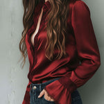 Elegant Burgundy Lace Trim Satin Blouse With Flared Cuffs