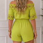 Women's Lace Off Shoulder Romper Shirred Waist Tied Detail Textured Short Jumpsuit with Pockets