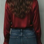 Elegant Burgundy Lace Trim Satin Blouse With Flared Cuffs