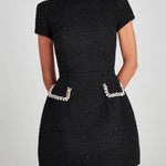 Exquisite And Playful Pearl Trim Pocket Mini Dress