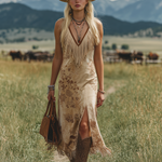 Bohemian V-Neck Fringe Sleeveless Printed Faux Suede Midi Dress