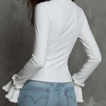 Zip-Front Fitted Blouse With Lace-Trimmed Ruffle Collar And Bell Cuffs