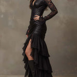 Black Faux Leather Corset Maxi Dress With Lace Sleeves