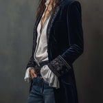 Vintage Navy Polyester Velvet Embroidered Long Jacket